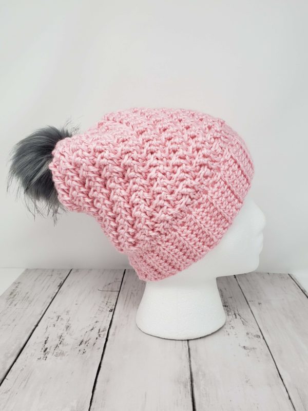 Raised Diagonal Slouch Hat with Pom Pom - Pink