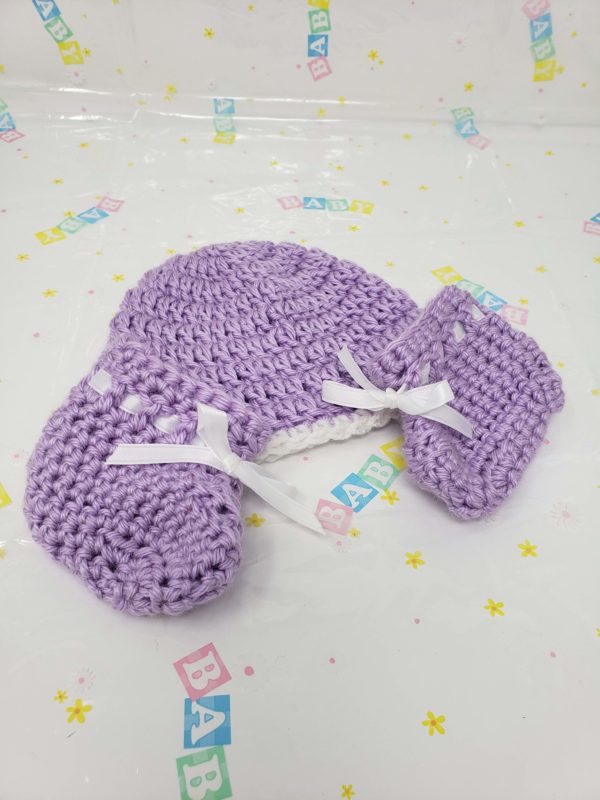 Purple newborn booties and hat set